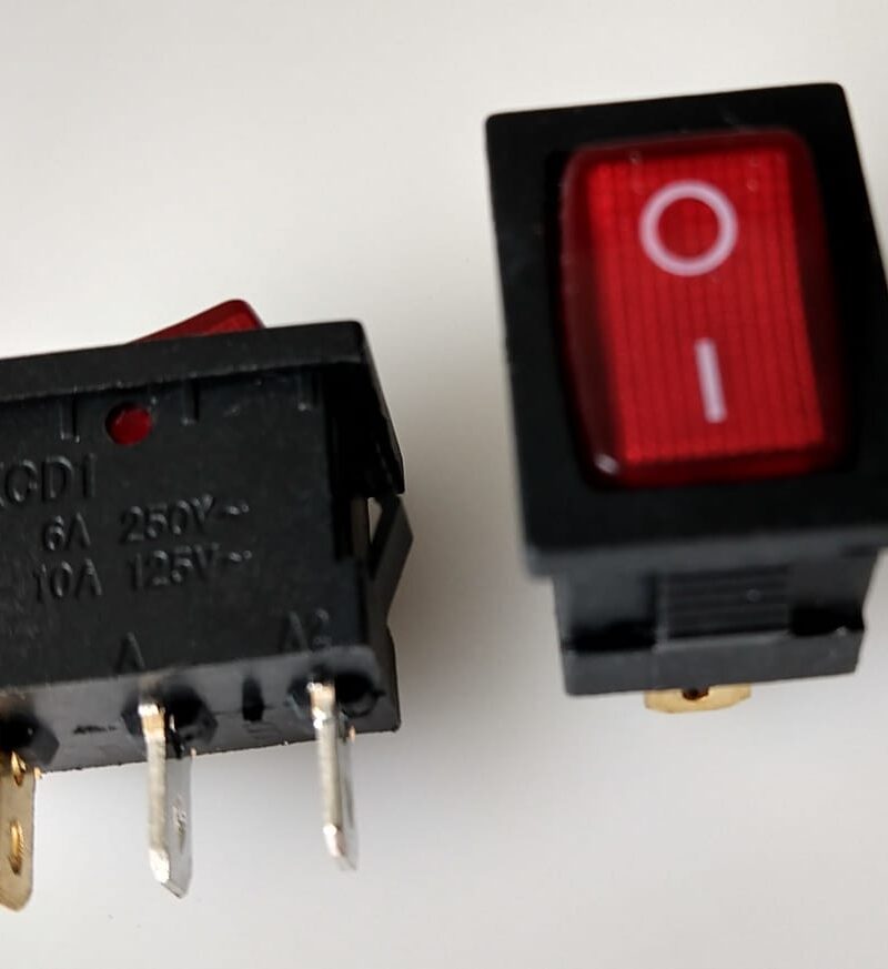 Cod.3016 Chave Gangorra  KCD1-102N onoff Vermelha com neon 3 terminais -  6A  250V - Tam.17 com X 07 alt X10 Lar - CHVS0011  .
