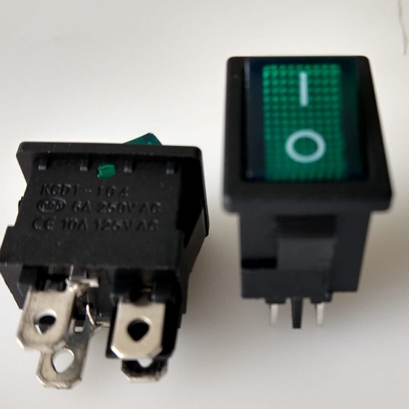 Cod.3223 Chave Gangorra  KCD1-104N onoff Verde Com neon 4 terminais  stereio -  6A  250V - Tam.17 com X 07 alt X10 Lar - CHVS0011.