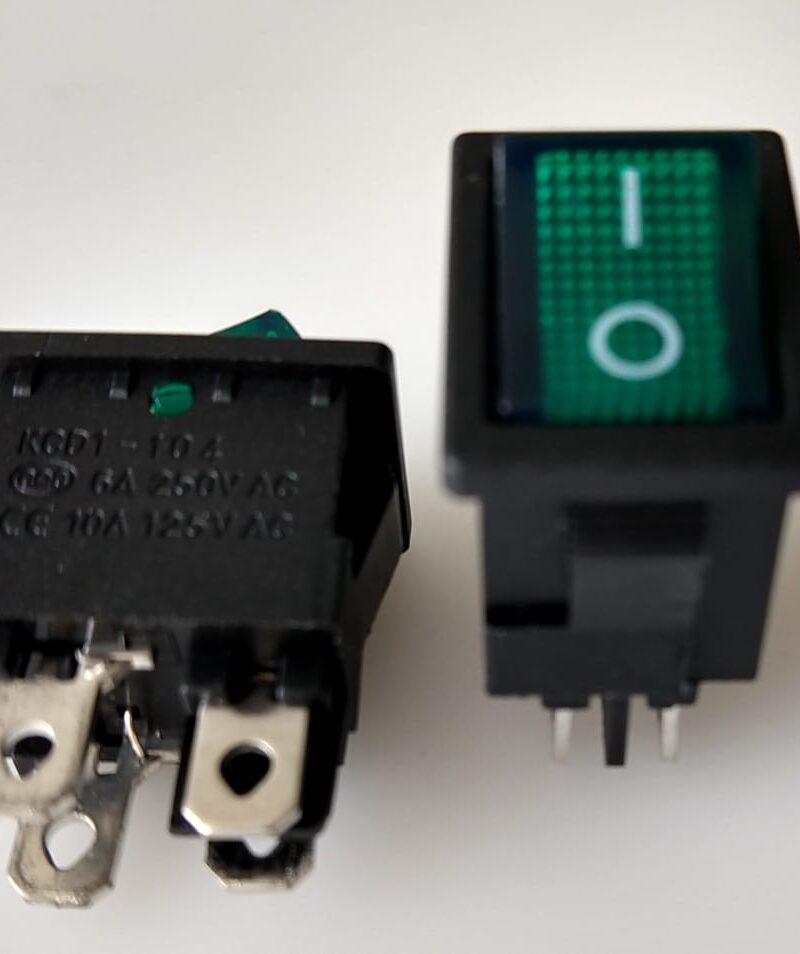 Cod.3223 Chave Gangorra  KCD1-104N onoff Verde Com neon 4 terminais  stereio -  6A  250V - Tam.17 com X 07 alt X10 Lar - CHVS0011.