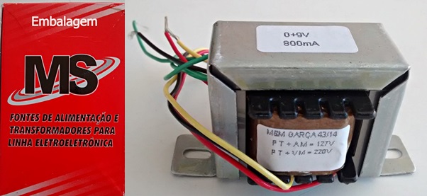 Cod.5454 Transformador  0+9V 800MA 110  220V AC- Marca MS.